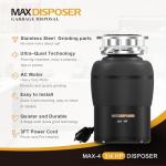 MAX DISPOSER Garbage Disposal 3/4 HP for Kitchen sink Quiet with Stopper Power Cord, Easy install, Continuous Feed Food Waste Disposer Stainless Steel Grind 0.75 Horsepower AC Motor Unit (MAX-4)