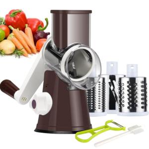 Ourokhome Rotary Cheese Grater Hand Crank, Kitchen Shredder Speed Mandolin Slicer Nut Grinder with Handle and Drum Blades for Cheese, Vegetable, Walnuts, Chocolate, Potato, Carrot,3 Blades, Coffee