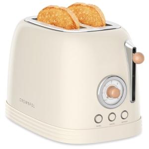 CROWNFUL 2-Slice Toaster, Extra Wide Slots Toaster, Retro Stainless Steel with Bagel, Cancel, Defrost, Reheat Function and 6-Shade Settings, Removal Crumb Tray, Cream
