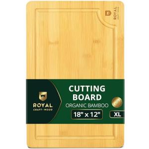 ROYAL CRAFT WOOD Wooden Cutting Boards for Kitchen Meal Prep & Serving - Bamboo Wood Serving Board with Deep Juice Groove Side Handles - Charcuterie & Chopping Butcher Block for Meat