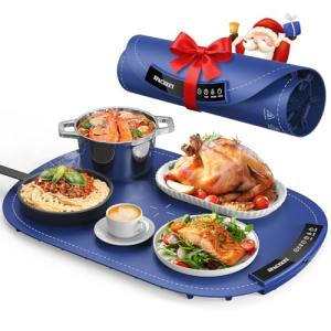 Warming Mat for Food - Roll Up Silicone Electric Warming Tray Full Surface Even Heating with 7 Temp Setting, 4 Hours Auto-Off, Raised Feet Protects Countertop, Food Warmers for Parties Buffet