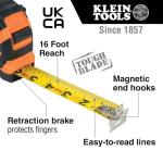 Klein Tools 9216 Tape Measure, Heavy-Duty Measuring Tape with 16-Foot Double-Hook Double-Sided Nylon Reinforced Blade, with Metal Belt Clip