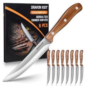 DRAGON RIOT Steak Knives Set of 8, Ultra Sharp Steak Knife Set Japanese VG-10 Stainless Steel Serrated Steak Knives Full Tang Wood Handle with Gift Box