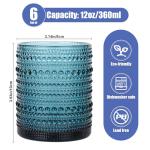ZMOWIPDL Vintage Glassware Drinking Glasses Set of 6,12 oz Hobnail Glass Cups,Embossed Blue Water Tumbler,for Beer,Cocktail,Whiskey,Juice and Various Mixed Drinks- 1 Cleaning Brush