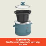 bella 1.5 Qt Slow Cooker with 3 Heat Manual Control, Ceramic Nonstick Coating, Dishwasher Safe Stoneware Pot and Tempered Glass Lid, Tangle Free Cord Wrap & Cool Touch Handles, Surf
