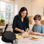 Wooden Tortilla Press - 10 Inch Bamboo Tortilla Maker with 50 Parchment Paper & Dough Cutter, Homemade Mexican Prensa Para Tortillas Dough Press for Burritos, Taco, Roti (Black)