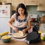 Wooden Tortilla Press - 10 Inch Bamboo Tortilla Maker with 50 Parchment Paper & Dough Cutter, Homemade Mexican Prensa Para Tortillas Dough Press for Burritos, Taco, Roti (Black)