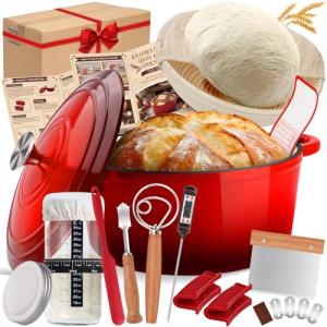 Enameled Cast Iron Dutch Oven Pot with Lid, Incl. Sourdough Bread Baking Supplies Like Banneton Bread Proofing Basket, Starter Jar, Scoring Tool Lame, 5QT Dutch Oven for Bread Baking, Oven Safe up to 500°F