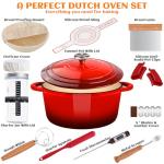 Enameled Cast Iron Dutch Oven Pot with Lid, Incl. Sourdough Bread Baking Supplies Like Banneton Bread Proofing Basket, Starter Jar, Scoring Tool Lame, 5QT Dutch Oven for Bread Baking, Oven Safe up to 500°F