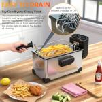 CATTLEMAN CUISINE Immersion Deep Fryer with Basket, 1600W, 3L Small Deep Fryer with Timer Control, Fryer Pot for Home Use, Temperature Control, Lid with Viewing Window, Stainless Steel Electric Fryer