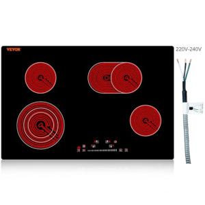 VEVOR Built in Electric Stove Top, 30 inch 4 Burners Ceramic Cooktop, 240V Glass Radiant Cooktop with Sensor Touch Control, Timer & Child Lock Included, 9 Power Levels for Simmer Steam Slow Cook Fry