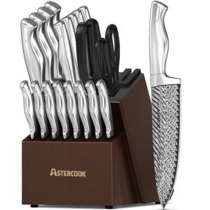 Knife Set, Astercook 21 Pieces Kitchen Knife Set with Built-in Sharpener, German Stainless Steel Knife Block Set, Razor-Sharp Knives with Full-tang Handle, Dishwasher Safe, Silver