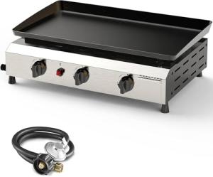 ADREAK 3 Burner BBQ Gas Griddle, 25.6 Inch Stainless Steel Tabletop Portable Propane Griddle, 30,000 BTU Flat Top Grill for Camping