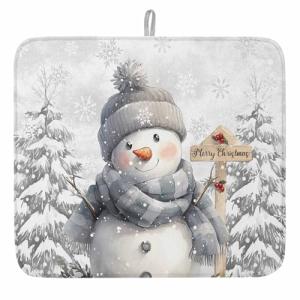 Christmas Snowman Dish Drying Mat for Kitchen Counter Grey Snowflake Drying Pad Absorbent Drying Mats for Countertops Sinks Draining Racks Pine Tree Berry Drainer Xmas Holiday Decor 18x24 Inch