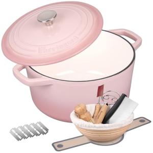 VORRINGARD Enameled Cast Iron Dutch Oven Pot with Lid, for Bread Baking, Round Bread Oven- include Sourdough Bread Baking Supplies set, 4.5QT, Pink
