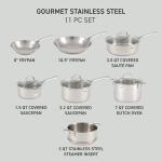 T-fal Stainless Steel Cookware Set, 11 Piece, Induction Cookware, Oven Safe to 500°F, Kitchen Cooking Set w/Fry Pans, Pots and Pans, Dutch Oven, Saucepans, Kitchen Essentials, Silver