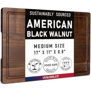 Walnut Wood Cutting Board for Kitchen with Deep Juice Groove & Side Handles, 17”L x 11”W x 0.8”H, Handcrafted North American Black Walnut Wood Grain, Medium Chopping Board, Reversible Butcher Block