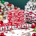 LeZakaa Christmas Wrapping Paper Roll - Mini Roll - 3 Rolls - 17 Inch X 120 Inch Per Roll - Red & White Penguins, Ho, Santa Claus, Christmas Elements Holiday Collection