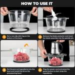 SPZTJK 3-Speed Electric Food Processor: Meat Grinder, Vegetable Chopper & Baby Food Maker - 300W, 2 Bowls (8 Cup Stainless Steel+8 Cup Glass), Quiet Operation