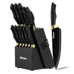 Elitequo Knife Set With Block,Dishwasher Safe Kitchen Knife Set With Built-In Sharpener,German Stainless Steel Black Knife Block Set(Night Flash Series)