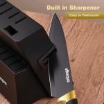Elitequo Knife Set With Block,Dishwasher Safe Kitchen Knife Set With Built-In Sharpener,German Stainless Steel Black Knife Block Set(Night Flash Series)