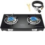 TopFleme 2 Burner Propane Stove 27,200 BTU High-Efficiency Tempered Glass Auto-Ignition Gas Burner Stove Top with CSA Hose for Outdoor RV Camping Emergency Cooking