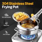 VIVOHOME 9.8 Inch 3.2 L 304 Stainless Steel Deep Fryer Pot with Tong, Tempura Fryer Pan with Thermometer for Chicken, Fish, French Fries, Shrimp