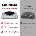 CUSIMAX Electric Hot Plate 1500W Single Burner Cast Iron Hot Plates for cooking Portable Stove Electric Burner with Adjustable Temperature Control Silver Stainless Steel Non-Slip Rubber Feet