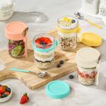 DRKIO 6 Pack Overnight Oats Containers with Lids and Spoons 16 Oz Glass Mason Jars for Overnight Oats Leak Proof Oatmeal Container Great for Cereal Fruit Vegetable Milk Salad Yogurt Meal Prep