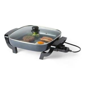 Amazon Basics Electric Skillet and Frying Pan with Glass Lid, Nonstick Ceramic Coating, 12 x 12 inches, Black