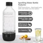 SunnyOcean Soda Bottles 1 Litre - Set of 2 BPA-Free PET Reusable - 1 x Black & 1 x White Sparkling Water Bottles Compatible with Soda Machine & Water Carbonator