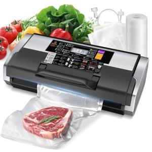 95kPa Vacuum Sealer Commercial Automatic Food Vacuum Sealer,10-in-1 System, Auto Pop-Up Cover,Double Heat Seal, Easy-Lock Handle,Built-In Cutter with 1 Roll & 15 Bags, Black Silver