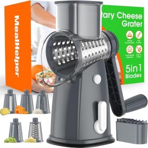 MealHelper 5 Blade Rotary Cheese Grater Hand Crank with Storage Box, Vegetable Chopper, Cheese Shredder for Cheeses, Veggies, Nuts - Easy to Use, Non-slip Suction Base, Gray