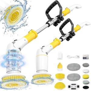 StarVal Electric Spin Scrubber, Cordless Cleaning Brush Shower Scrubber Up to 550 RPM with 9 Replaceable Brush Heads, Bathroom Scrubber Adjustable Extension Handle for Bathroom Kitchen Car (Yellow)