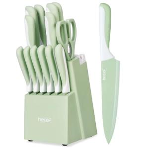 hecef 15 Pieces Kitchen Knife Set with Built-in Sharpening Wooden Block, Dishwasher Safe, High Carbon Stainless Steel Knife Block Set with Steak Knives, Kitchen Scissors, Green