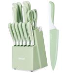 hecef 15 Pieces Kitchen Knife Set with Built-in Sharpening Wooden Block, Dishwasher Safe, High Carbon Stainless Steel Knife Block Set with Steak Knives, Kitchen Scissors, Green