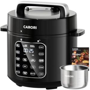 CARORI 9-in-1 Electric Pressure Cooker 6 Quart Black, Stainless Steel Pot, 12 Preset Functions with Touchscreen, Safe Steam Release, Stew, Slow Cook, Rice, Sauté, Warmer