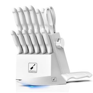 imarku Knife Set With Block, White Knife Sets, Knife Block Set, 14pcs Stainless Steel Kitchen Knife Set, Kitchen Essentials for New Home, Apartment Essentials, Built-in Sharpener, Dishwasher Safe