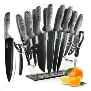 EUNA Knife Block Set, 19 PCS Kitchen Knife Set with Acrylic Block and Sharpener, German High-Carbon Stainless Steel Knife Sets with 6 Serrated Steak Knives, Bread Knife, Chef Knife, Dishwasher Safe