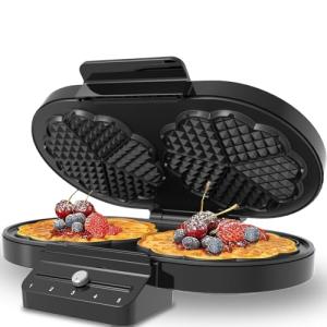 Electric Waffle Maker Heart-Shaped: 2 Non-Stick double-Side Heating Plates with 5-Setting Adjustable Browning Control for Fast Heating - No Flip Design & Compact Storage for Busy Families