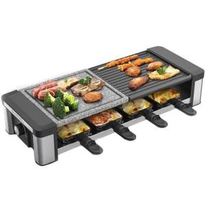 GIVENEU Raclette Grill, 1200W Electric Indoor Table Grill with Reversible Non-Stick Plate & Natural Stone | 3 in 1 BBQ Raclette with 8 Cheese Melt Pans, Wooden Spatulas & Temperature Control