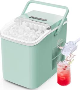 Sweetcrispy Countertop Ice Maker with Scoop, Basket and Handle, Portable Ice Machine 9 Ice Cubes Ready in 6 Mins, 26.5lbs in 24Hrs, 2 Sizes for Home Kitchen Office Bar Party, Green