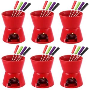 Mudder 6 Pieces Fondue Mug Ceramic Pot and 24 Pieces Forks Set for Melting Chocolate, Cheese, Broth or Tapas on Christmas Gift Valentine's Day(Red)