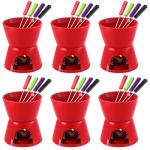 Mudder 6 Pieces Fondue Mug Ceramic Pot and 24 Pieces Forks Set for Melting Chocolate, Cheese, Broth or Tapas on Christmas Gift Valentine's Day(Red)