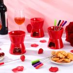 Mudder 6 Pieces Fondue Mug Ceramic Pot and 24 Pieces Forks Set for Melting Chocolate, Cheese, Broth or Tapas on Christmas Gift Valentine's Day(Red)