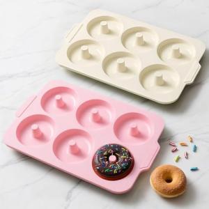Toeusog Nonstick Silicone Donut Pan: 4 Inch Large Donut Mold with Metal Frame - Bagel Doughnut Pan for Baking Gluten Free Glazed Vegan - for Oven Housewife Home Baker Baking Lovers (Pink & Beige)