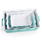 Sweejar Casserole Dishes for Oven, Ceramic Bakeware Set of 3, Rectangular Baking dish with Handles, Wave Edge Lasagna Pan Deep for Cooking, Cake, Dinner, Banquet and Daily Use (Turquoise)