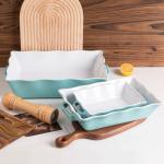 Sweejar Casserole Dishes for Oven, Ceramic Bakeware Set of 3, Rectangular Baking dish with Handles, Wave Edge Lasagna Pan Deep for Cooking, Cake, Dinner, Banquet and Daily Use (Turquoise)
