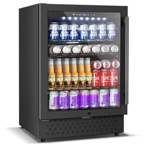 24 Inch Beverage Refrigerator, 5.2 Cu. Ft. Drink Refrigerator with Glass Door, 200 Cans Under Counter & Freestanding Drink Fridge, Reversible Door, Built-In Beverage Cooler for Kitchen, Bar or Office.