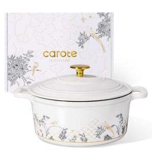 CAROTE 5QT Cast Iron Dutch Oven Pot with Lid, Enameled Floral Dutch Ovens with Gift Box, Cast Iron Pot for Sourdough Bread Baking, Braising, Stews, Roasting, Dual Handles, Healthy & Non-Toxic, All Stovetop Compatible, Oven Safe up to 500° F, White